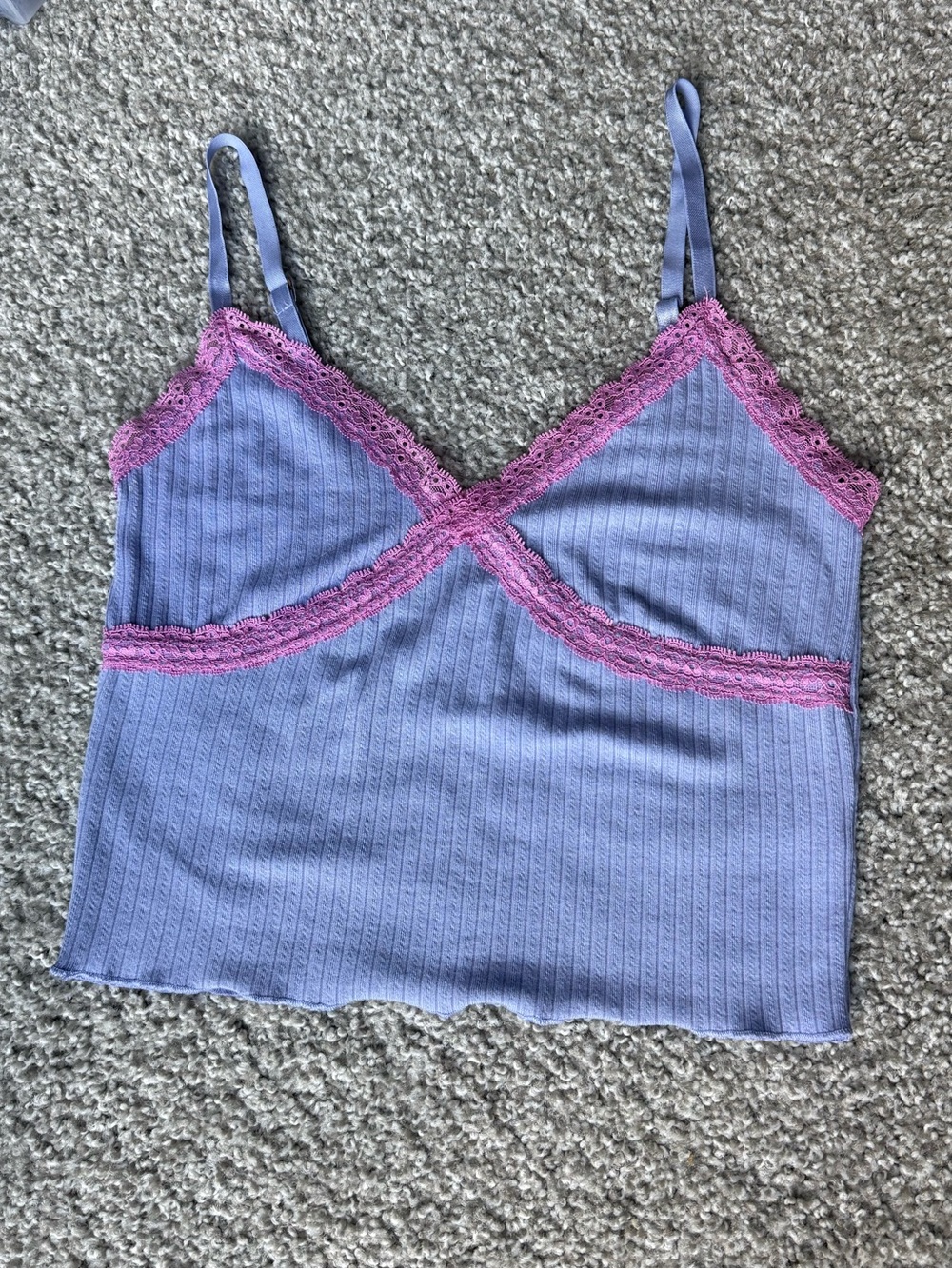 Lavender Ribbed Lace-Trim Cami with Pink Accent